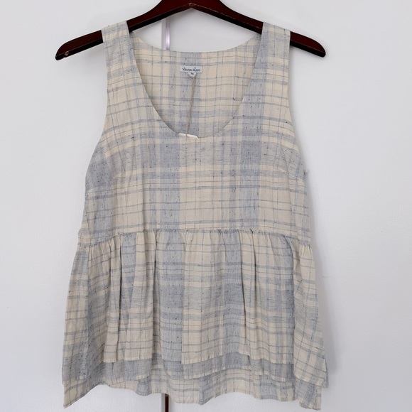 Steven Alan Dakota Tank sz M peplum swing tank in blue & ecru cotton linen - Picture 2 of 8